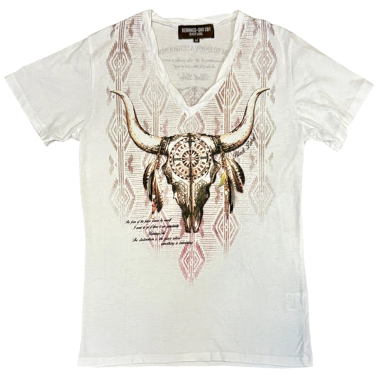 Bernings Sho bull skull native Indian print V-neck T-shirt