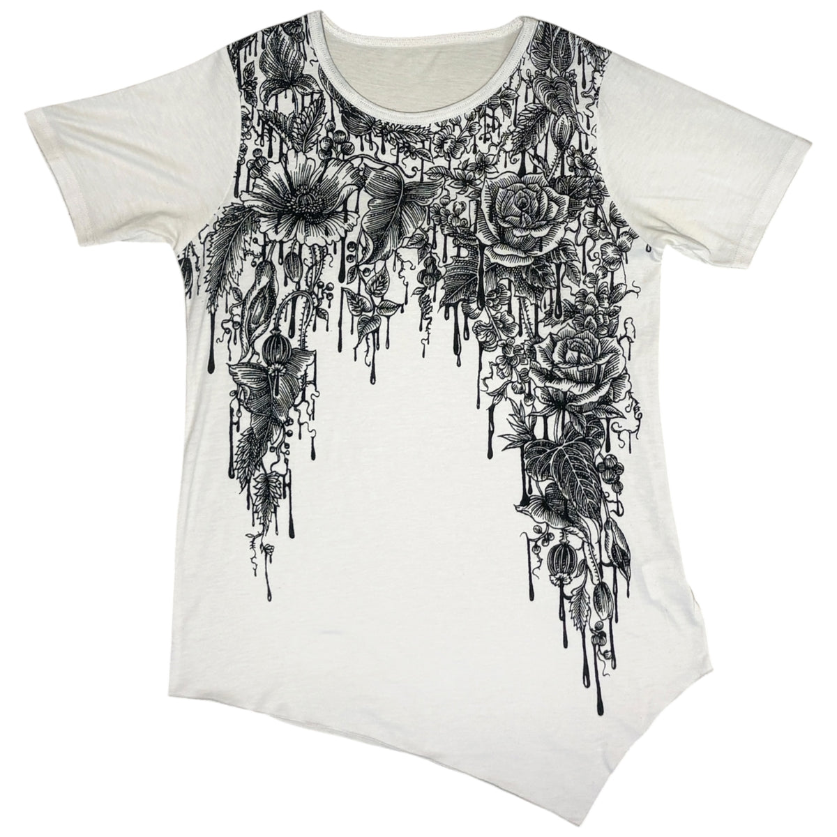 Japanese brand asymmetric floral print white drape T-shirt