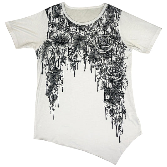 Japanese brand asymmetric floral print white drape T-shirt