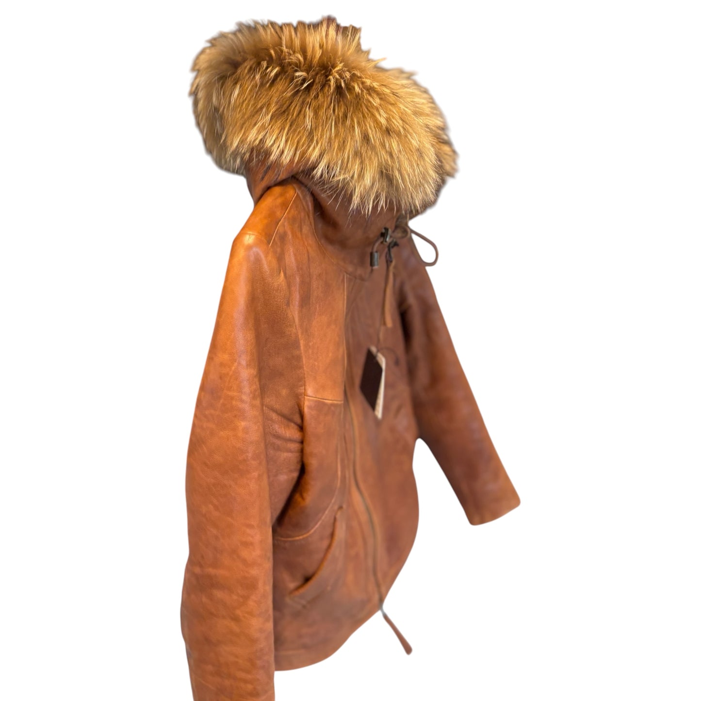 Goa tan lambskin leather flight jacket w raccoon fur hood