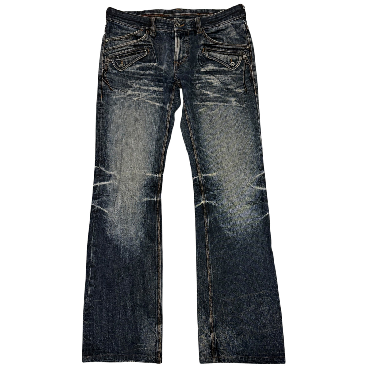 Nicole Club blue streaked whiskered bootcut denim neans