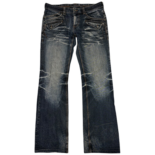 Nicole Club blue streaked whiskered bootcut denim neans