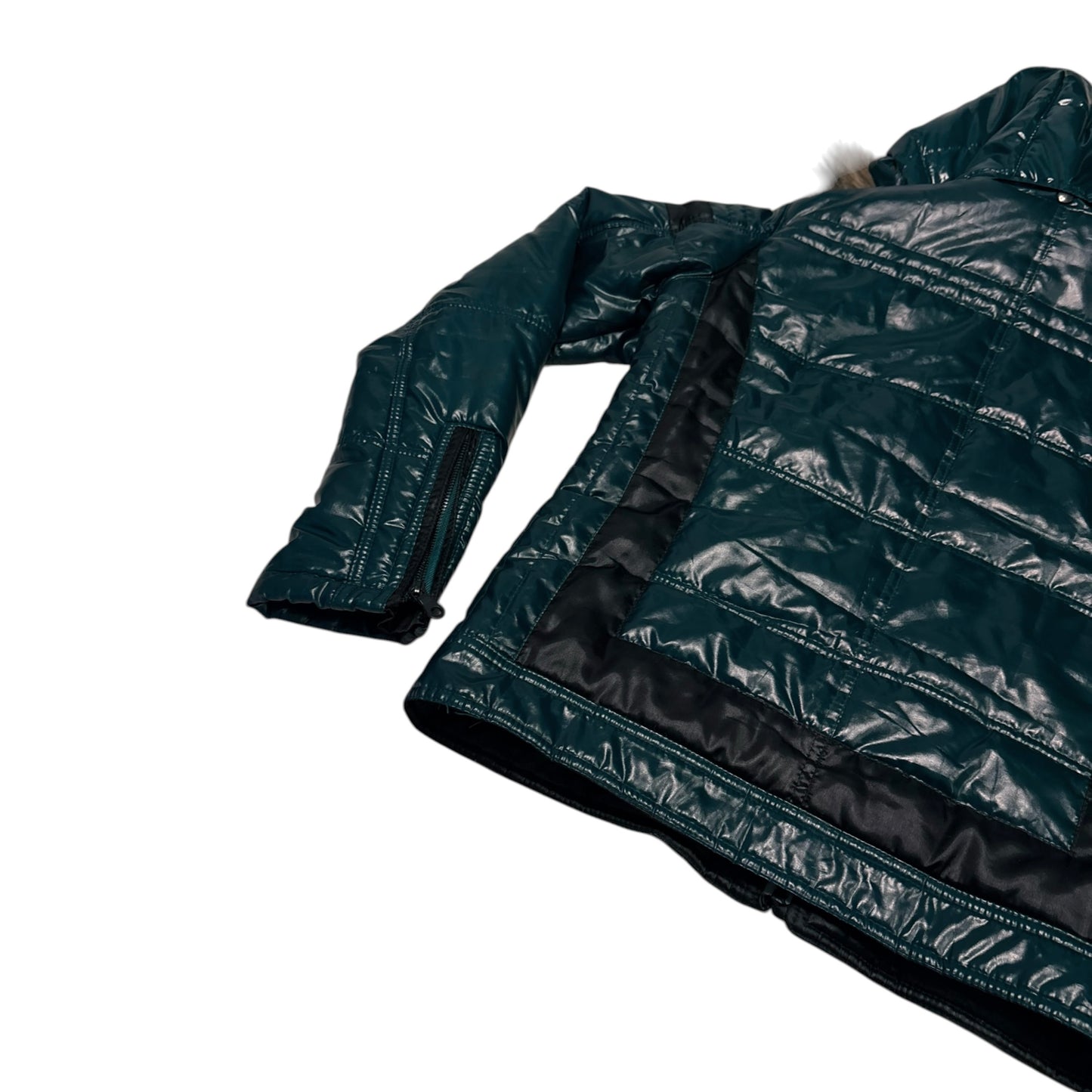 Semantic Design green turquoise lightweight puffer jacket with faux fur hood/trim