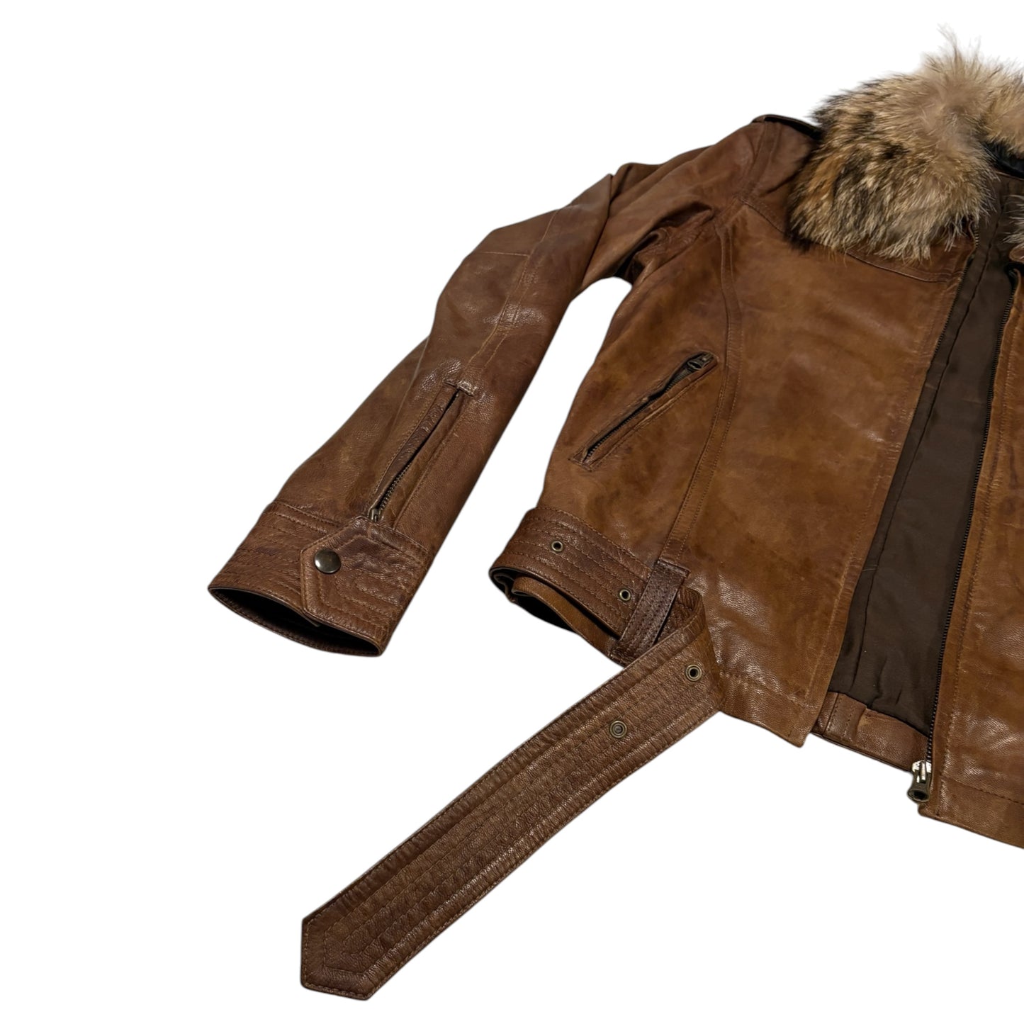 Tete Homme brown goat leather jacket w zips & removable belt & raccoon fur collar