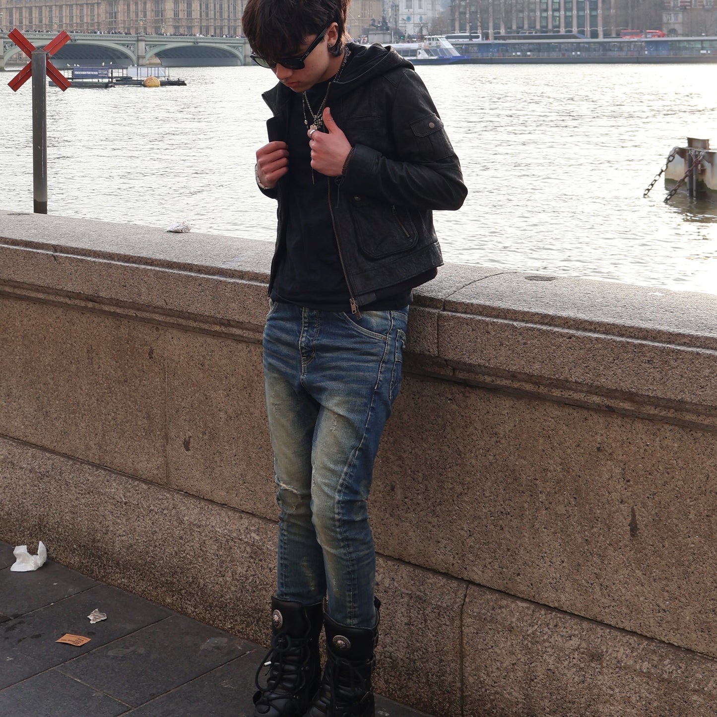 Japanese Avirex lambskin leather hooded multipocket jacket