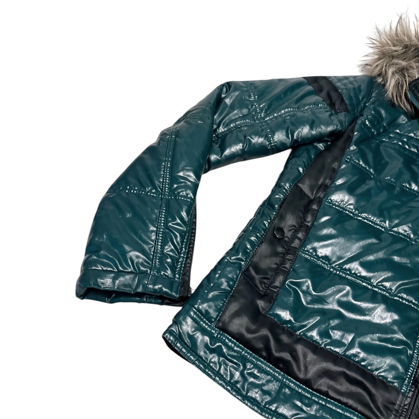 Semantic Design green turquoise lightweight puffer jacket with faux fur hood/trim