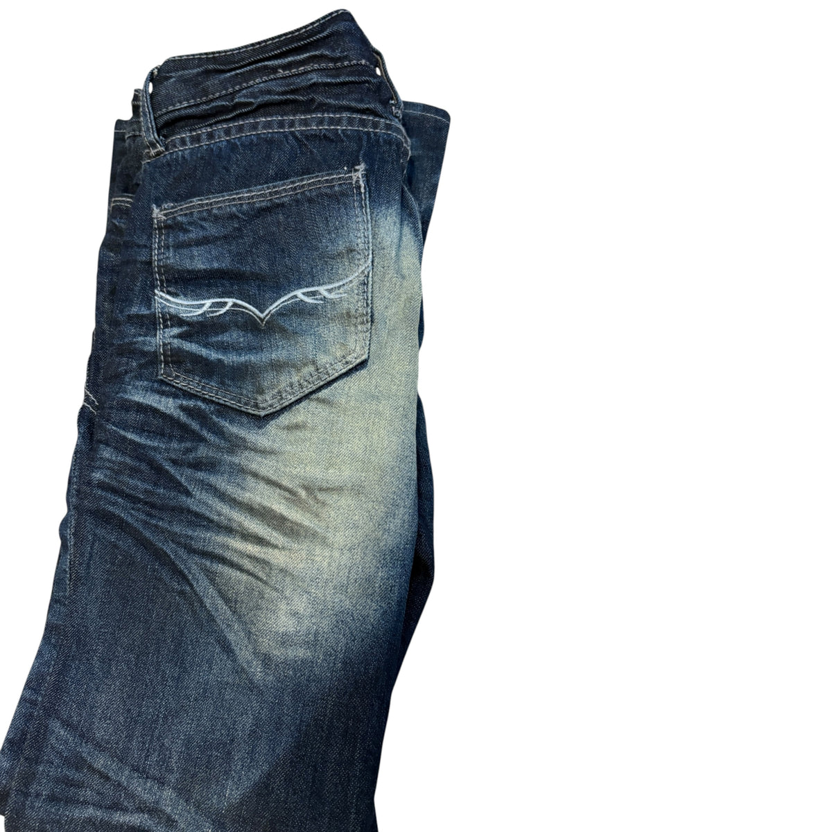 Fuga claw mark navy fade wash whiskered bootcut denim jeans