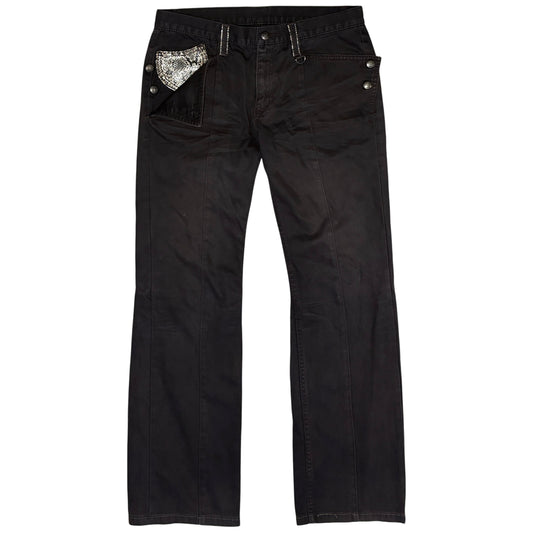 Nicole Club black python leather embossed pocket straight denim jeans