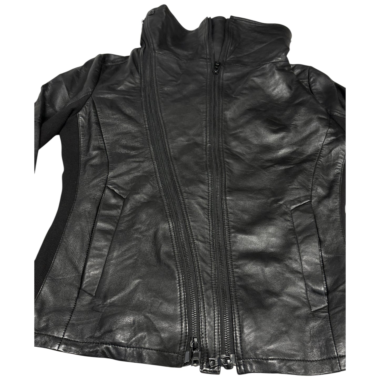 No ID 11AW asymmetric lambskin leather jacket w cotton ribbing & high neck, RRP £500