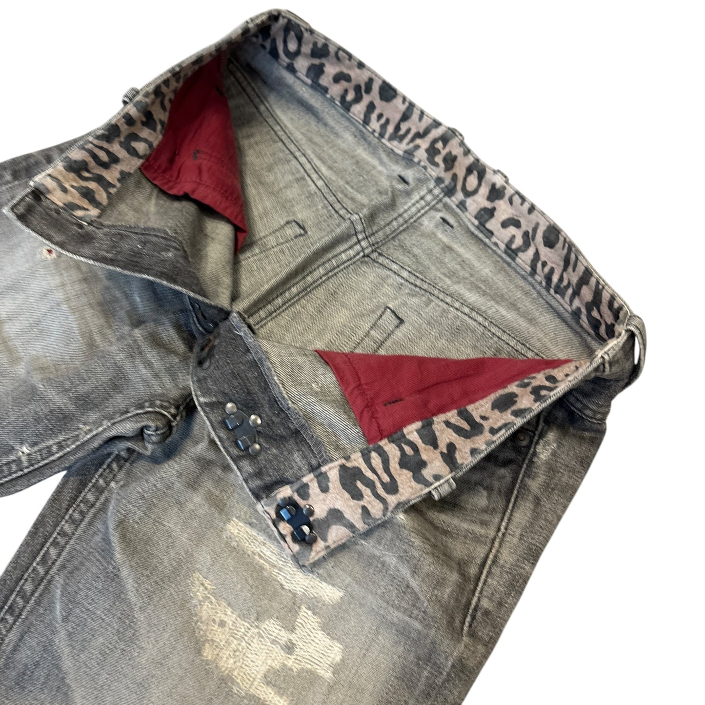 Isamu Katayama Backlash grey whiskered leopard print bootcut denim jeans