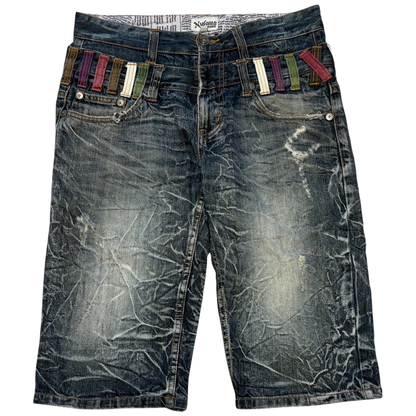 Japanese brand double waisted distressed whiskered denim jorts w/ multicolour belt loops