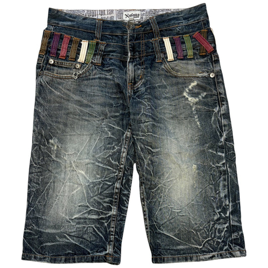 Japanese brand double waisted distressed whiskered denim jorts w/ multicolour belt loops