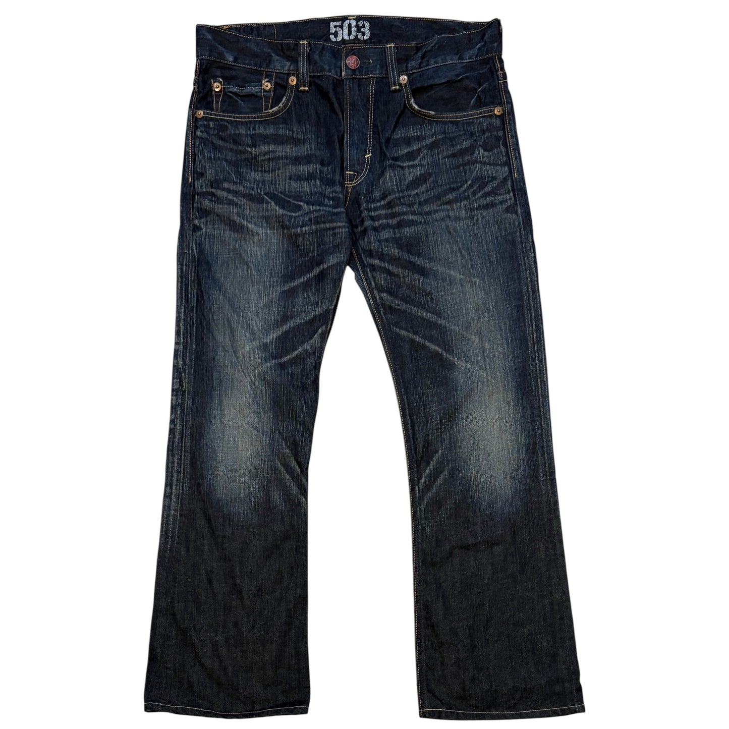 Edwin 503 blue navy dark gradient wash bootcut denim jeans