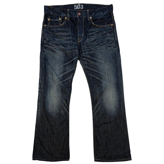 Edwin 503 blue navy dark gradient wash bootcut denim jeans