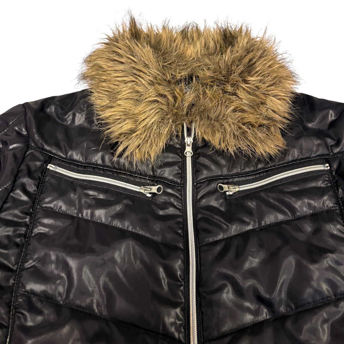 Japanese brand black faux fur 2-way collared puffer jacket