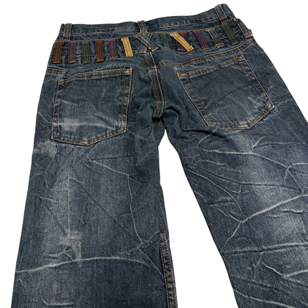 Japanese brand double waist honeycomb wash streaked denim jeans w/ multicolour belt loops