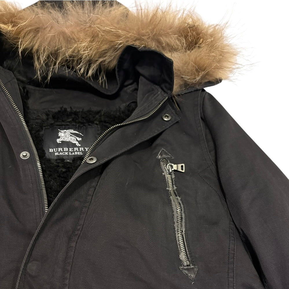 Burberry Black Label black fur hood trim mod coat parka jacket w boa fur lining