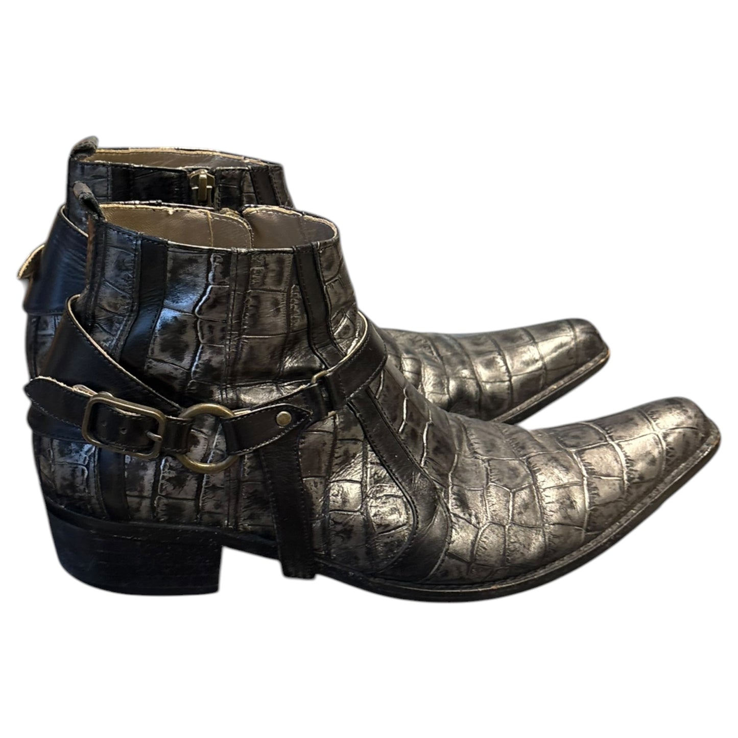 Tornado Mart crocodile print harness buckle leather dress heeled boots