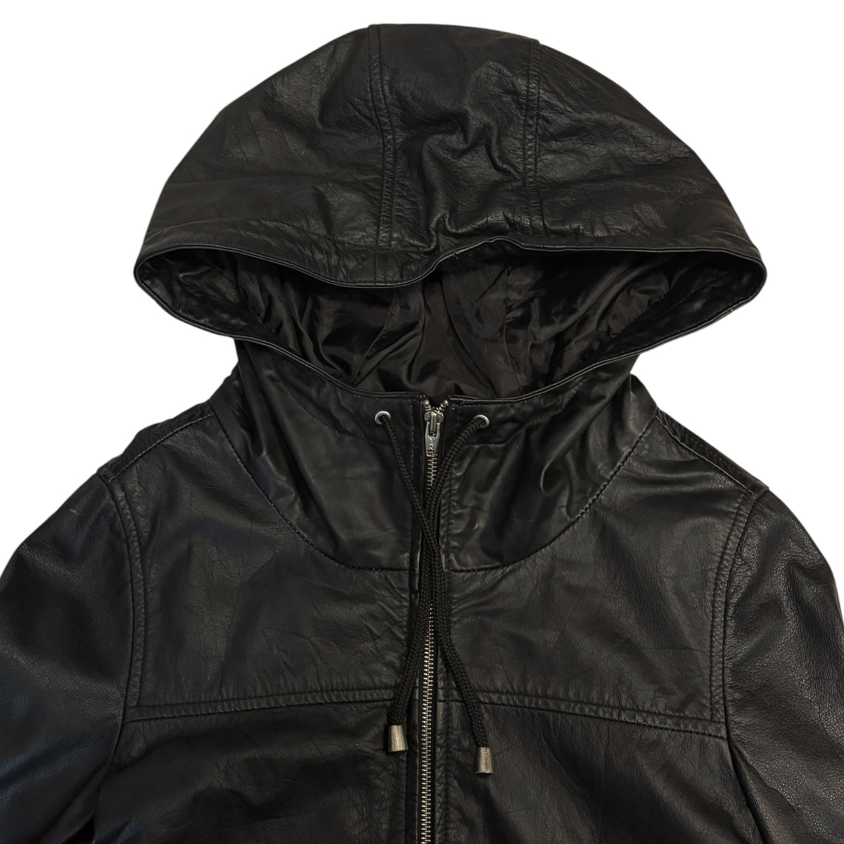 Roshell black hooded lambskin leather panelled zip jacket