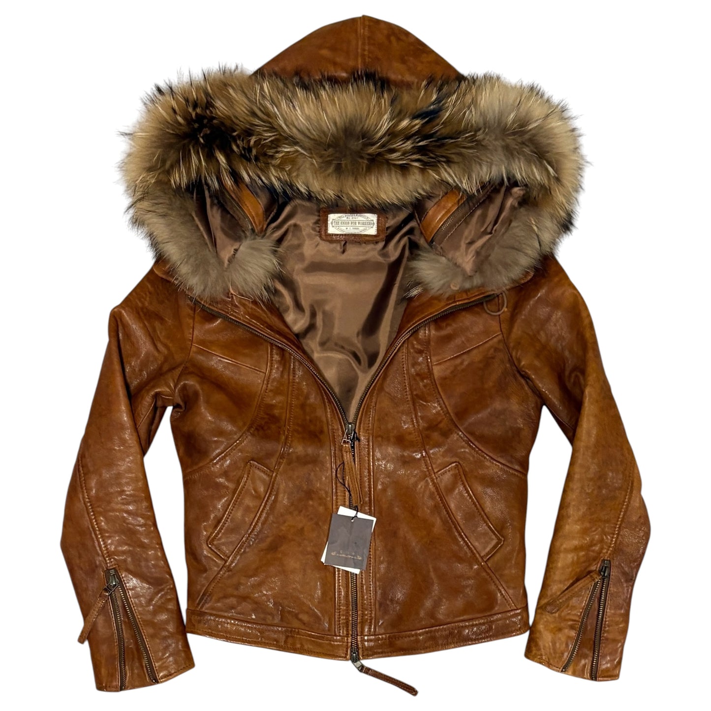 Goa tan lambskin leather flight jacket w raccoon fur hood