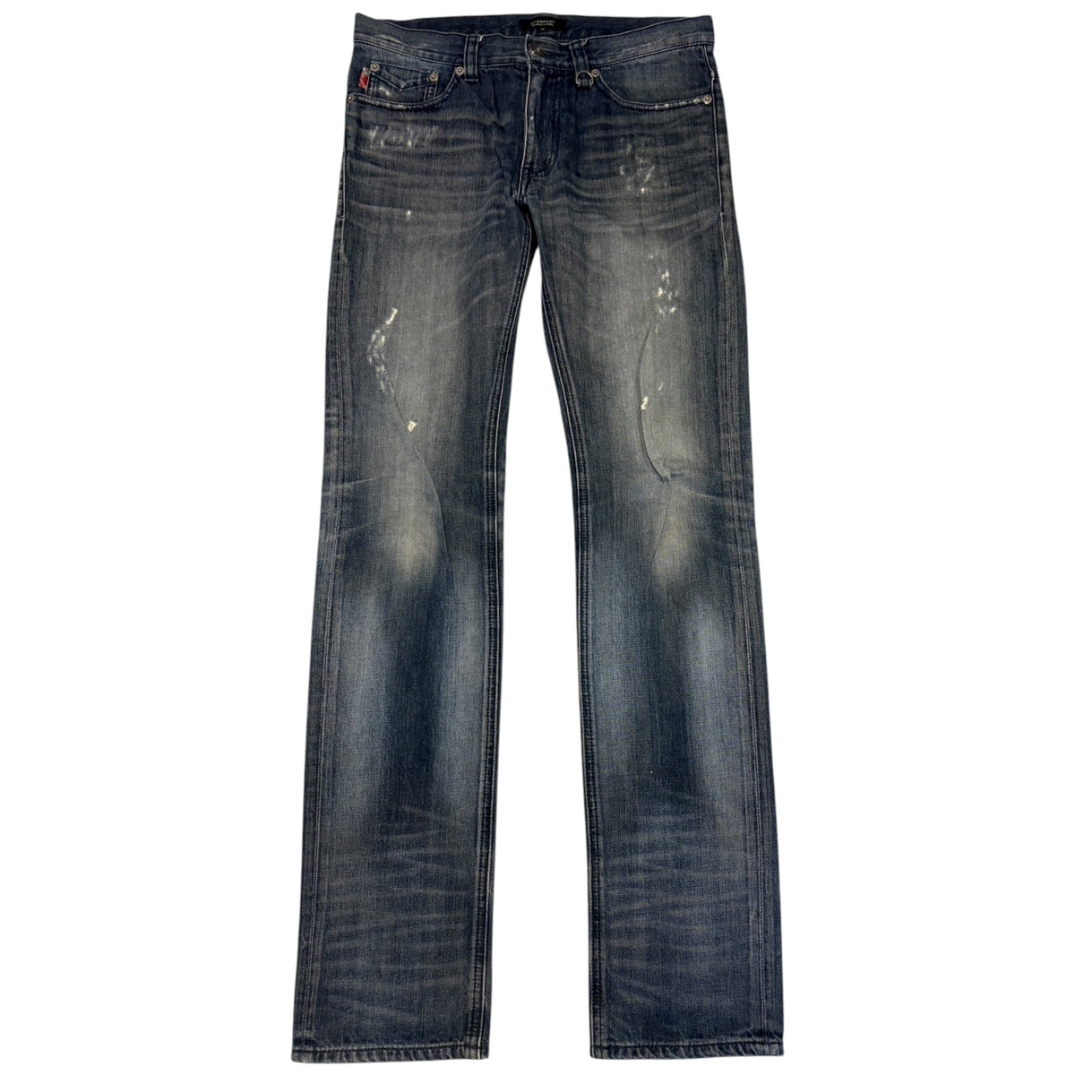 Burberry Black Label blue grey fade wash streaked distressed straight denim jeans