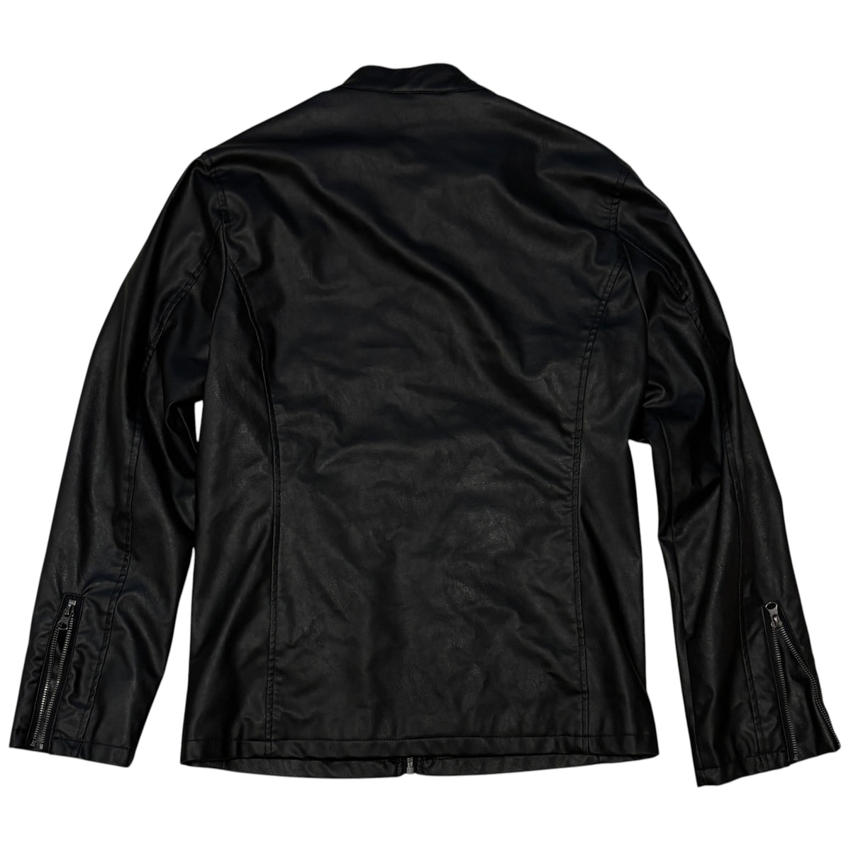Japanese brand black collarlesss faux leather single riders jacket