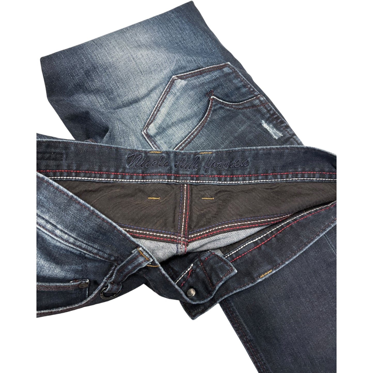 Nicole Club distressed repaired patches dark blue denim jeans