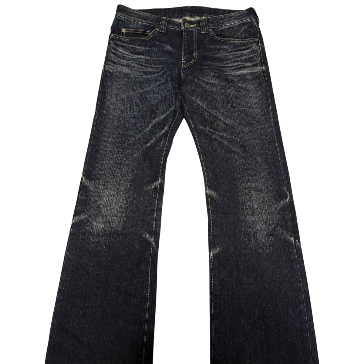 Japanese brand navy whiskered straight leg streaked denim jeans