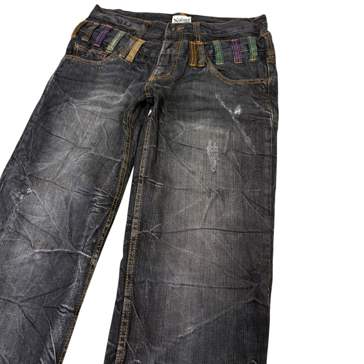 Japanese brand double waisted black grey coloured belt loops straight denim jeans