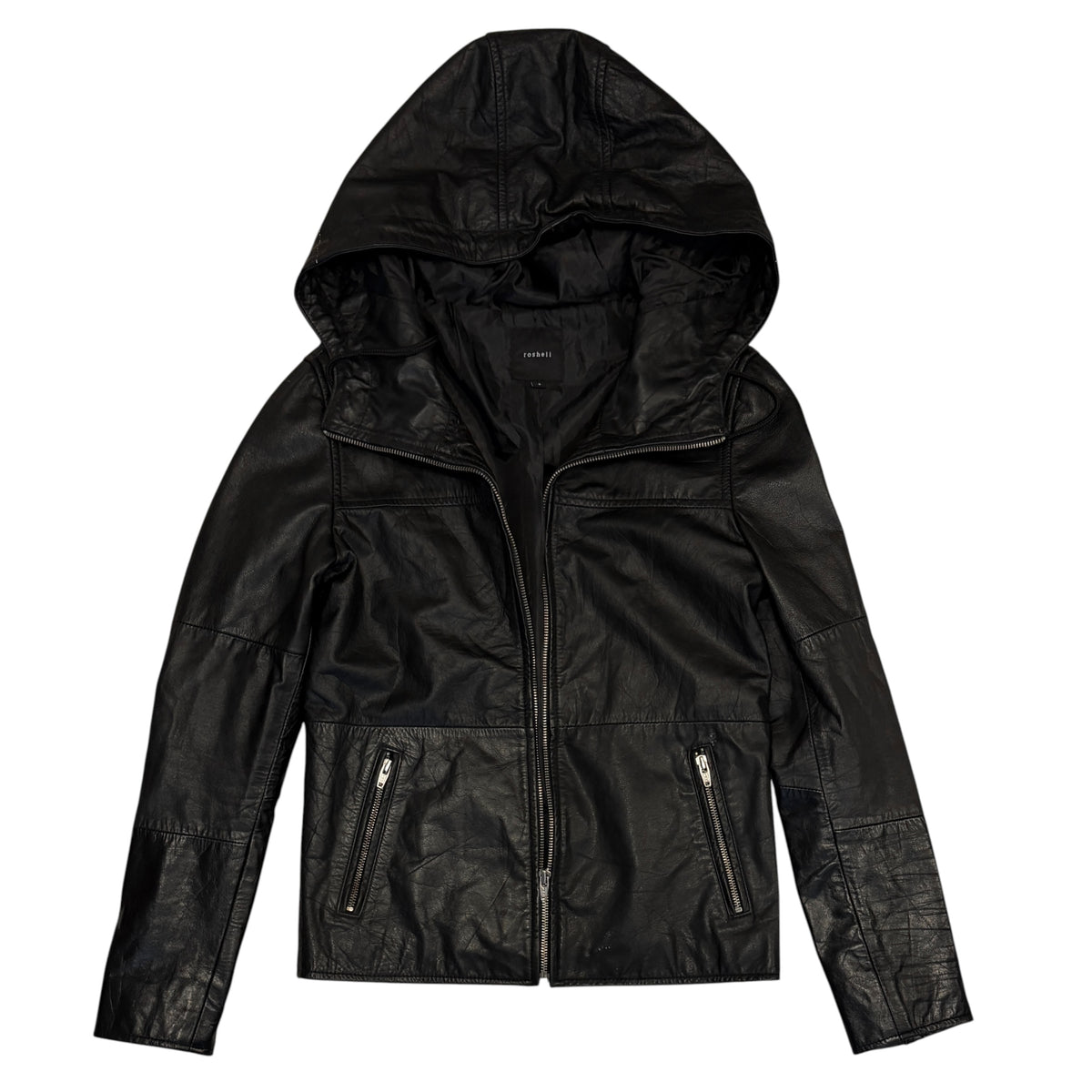 Roshell black hooded lambskin leather panelled zip jacket