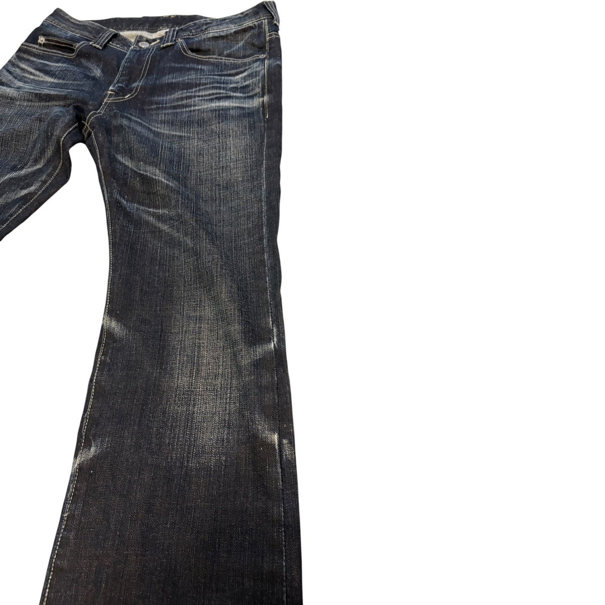 Japanese brand navy whiskered straight leg streaked denim jeans