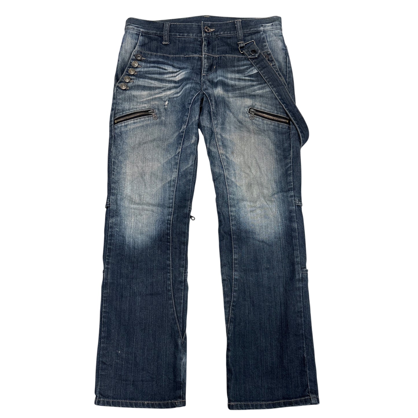 PPFM harness strap multizip embroided whiskered denim jeans