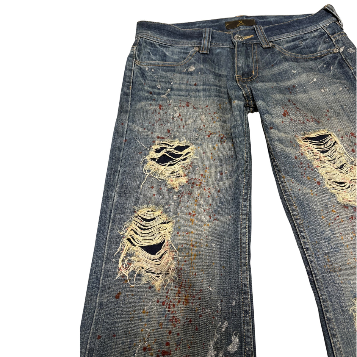 Xfrm blue distressed bootcut denim painted shine effect jeans