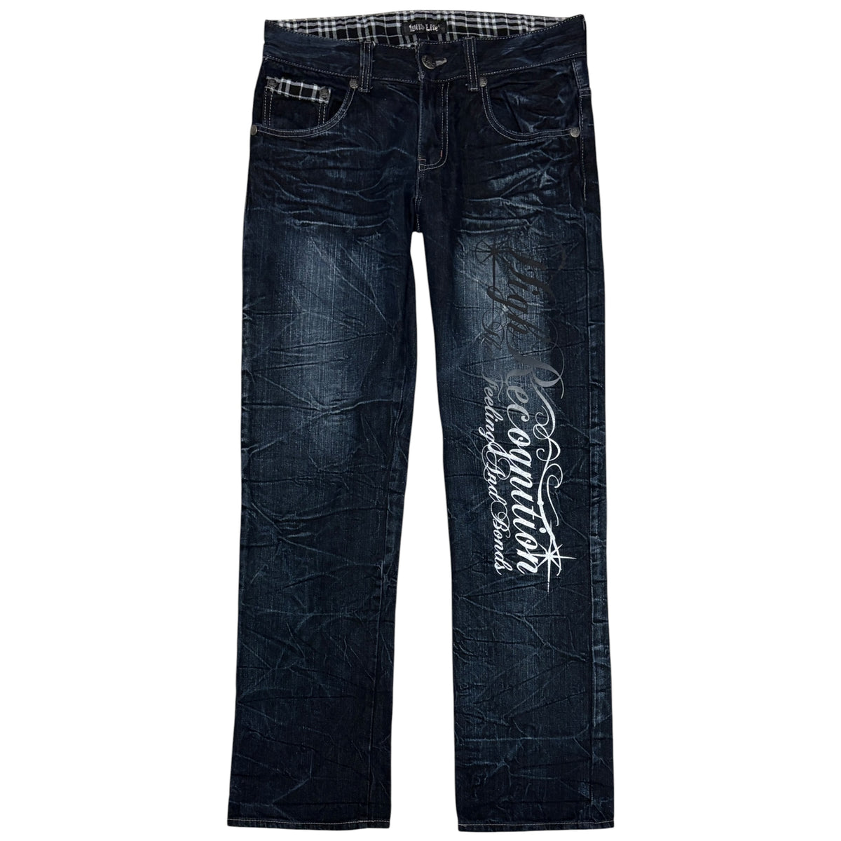 Japanese brand navy honeycomb wash straight leg jeans w/ tartan check detailing