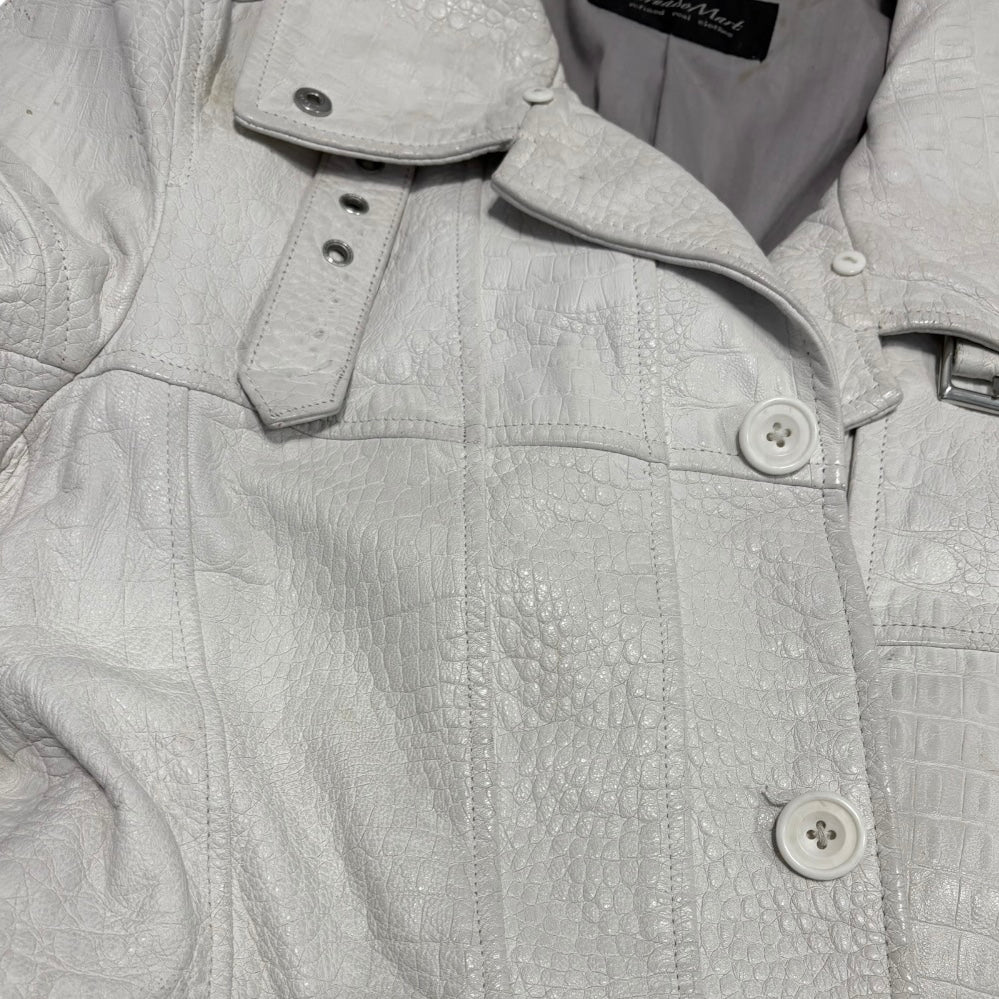 Tornado Mart embossed alligator print white lambskin leather trench coat