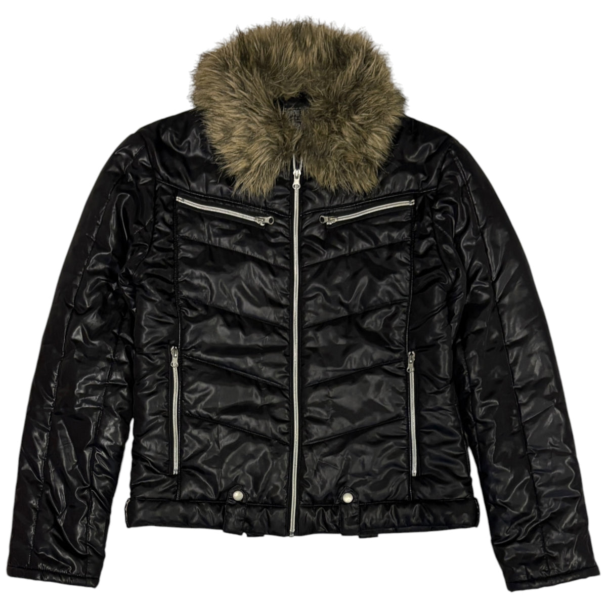 Japanese brand black faux fur 2-way collared puffer jacket