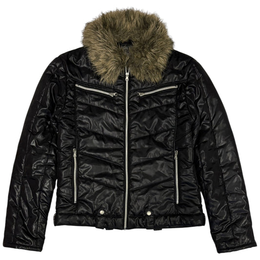 Japanese brand black faux fur 2-way collared puffer jacket
