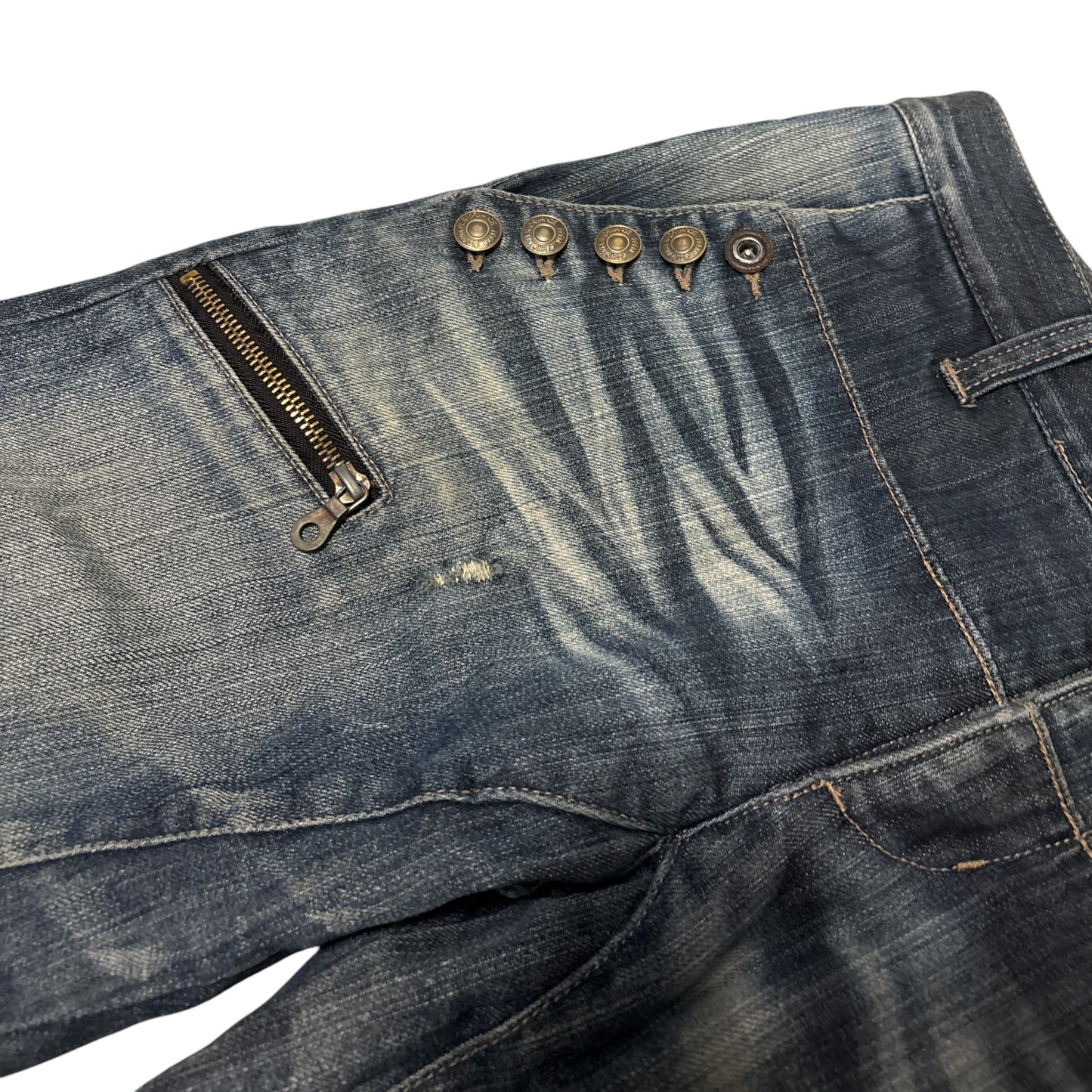 PPFM harness strap multizip embroided whiskered denim jeans