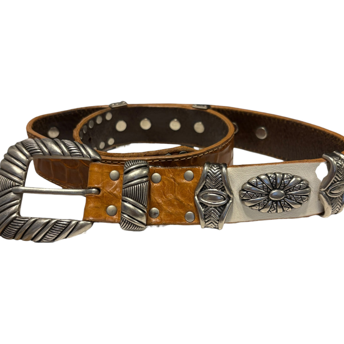 Tornado Mart brown embossed  leather belt w/ metal engraving and white leather detailing