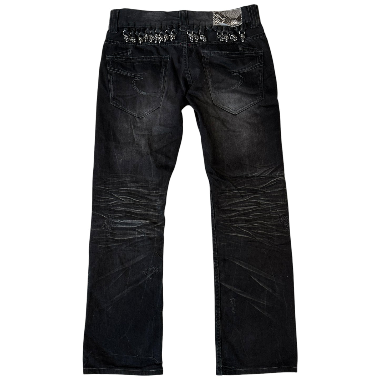Semantic Design metal skull belt streaked whiskered denim jeans