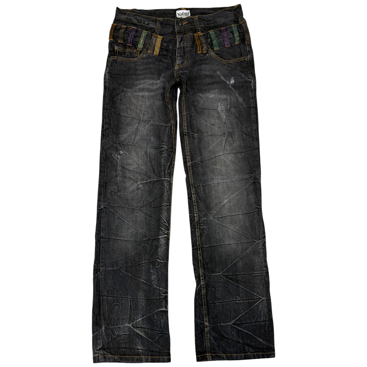 Japanese brand double waisted black grey coloured belt loops straight denim jeans