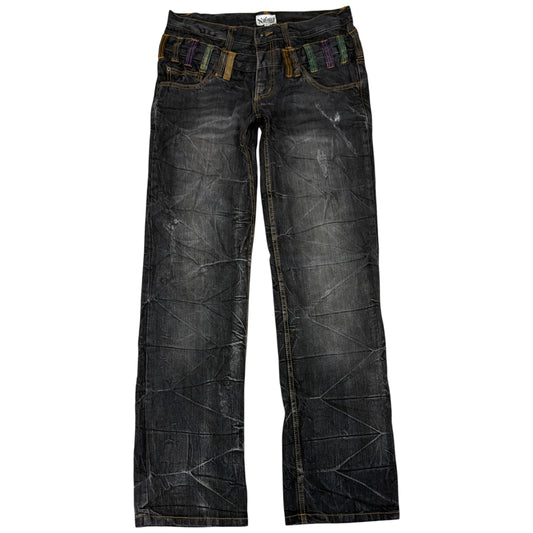 Japanese brand double waisted black grey coloured belt loops straight denim jeans