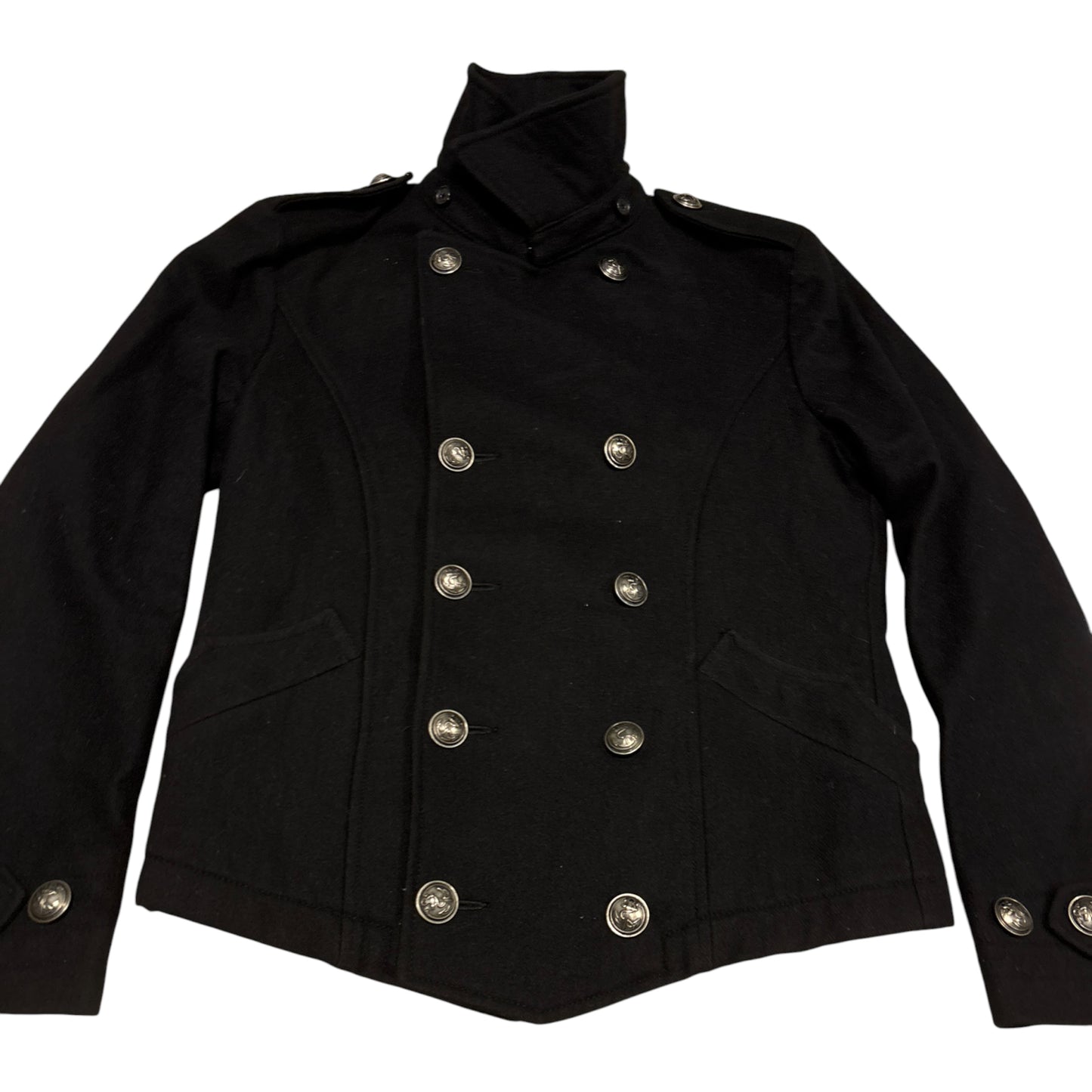 PPFM double breasted napoleon pea coat w/ raccoon fur trim