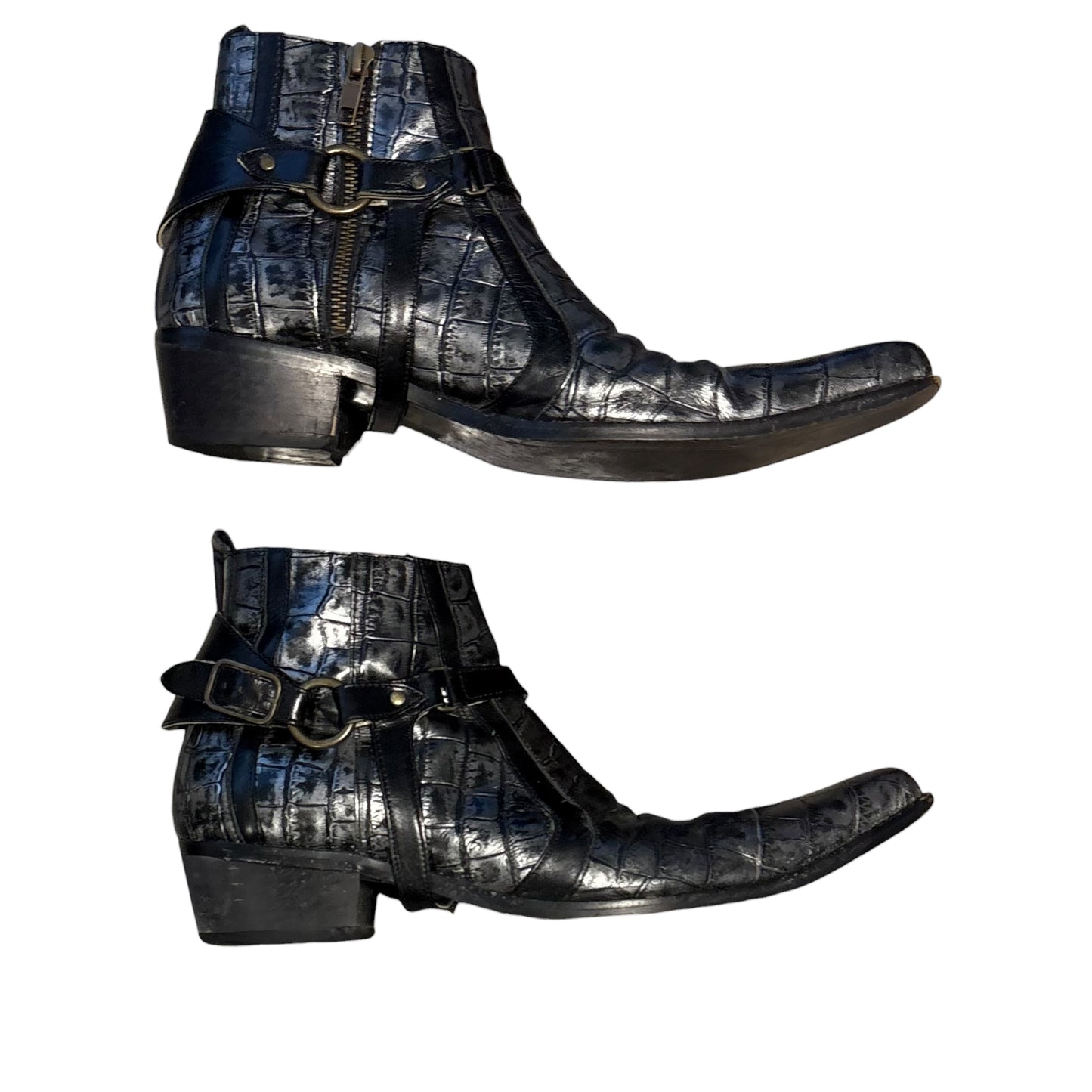 Tornado Mart crocodile print harness buckle leather dress heeled boots