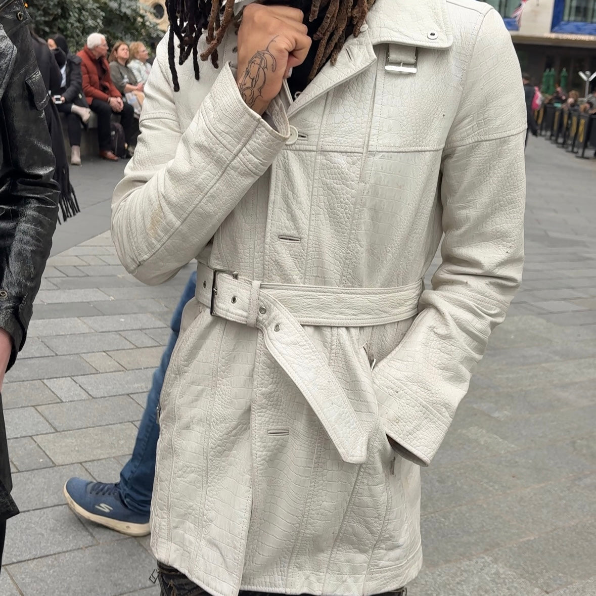 Tornado Mart embossed alligator print white lambskin leather trench coat