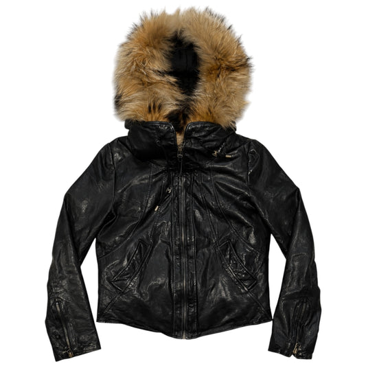Goa black lambskin leather flight jacket w/ raccoon fur hood