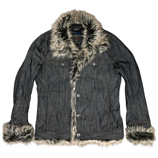 Nicole Club raccoon fur lined  grey denim jacket