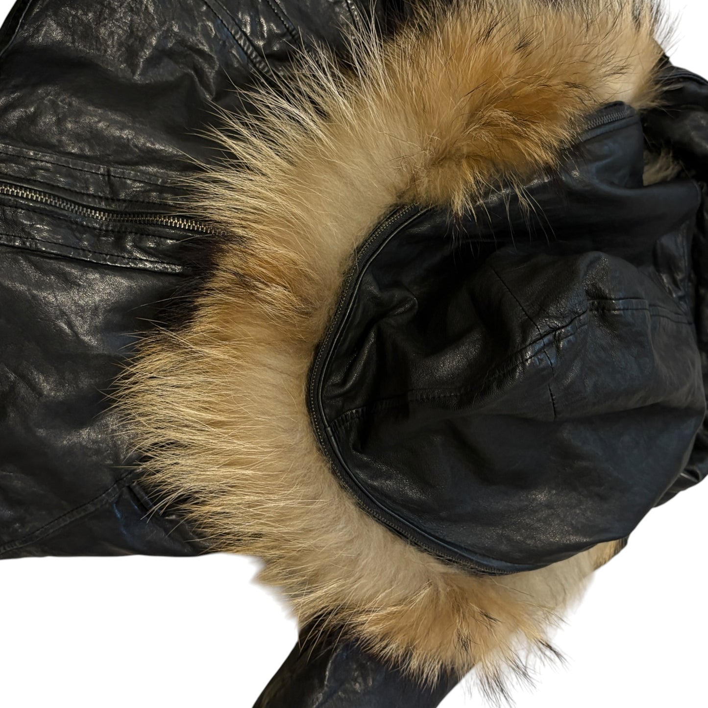 Goa black lambskin leather flight jacket w/ raccoon fur hood
