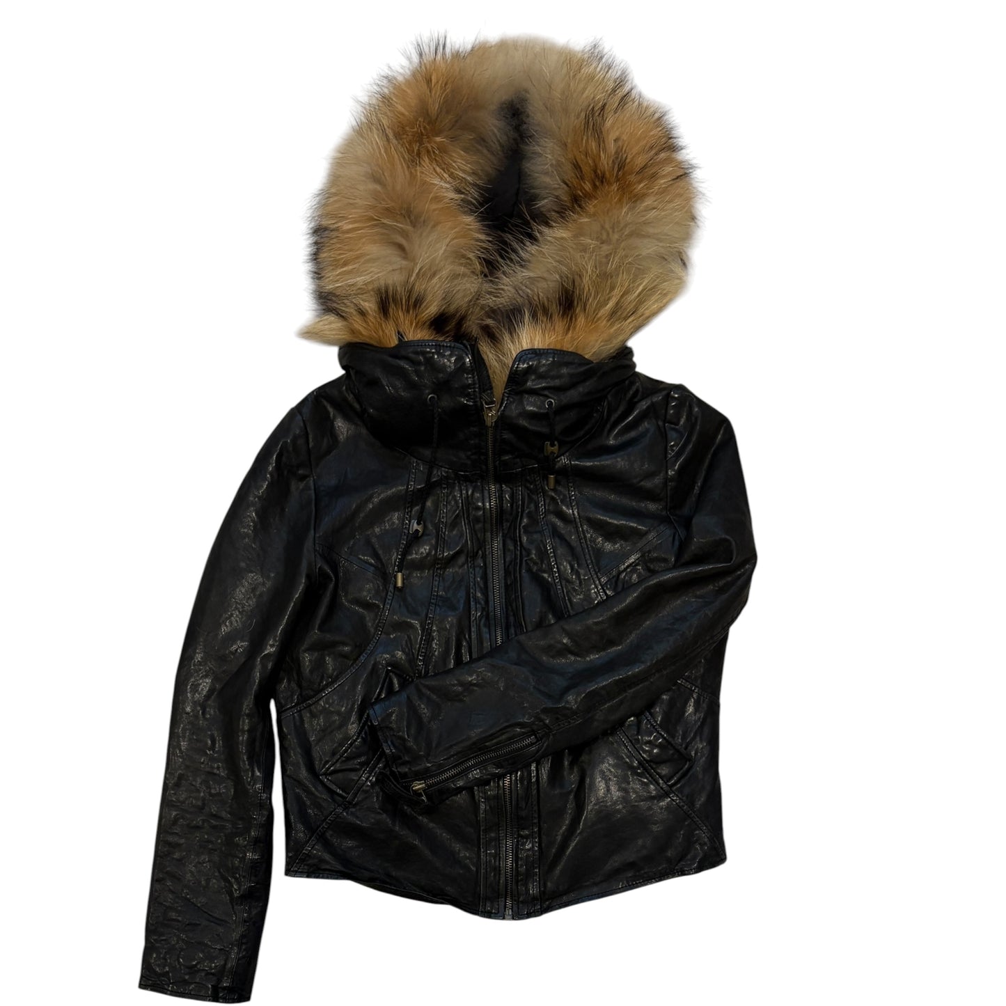 Goa black lambskin leather flight jacket w/ raccoon fur hood