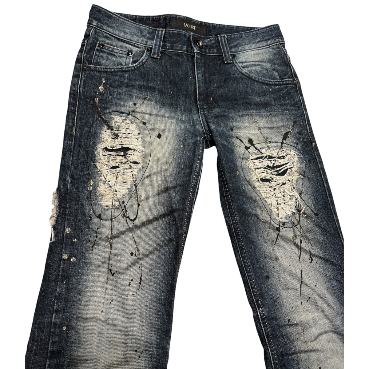 Lagust blue distressed painted bootcut jeans